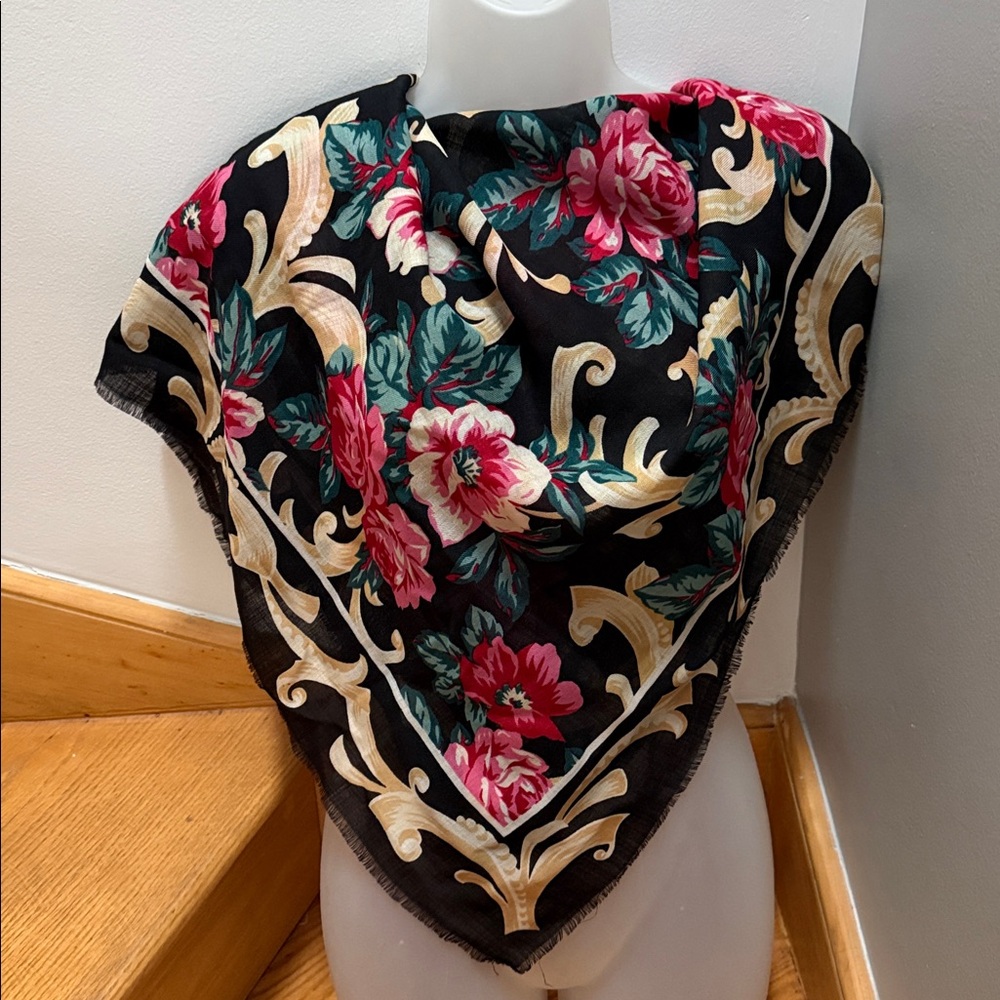 Axcess Vintage Black and Pink Floral 100% Wool Raw Hem Scarf. Made in Japan